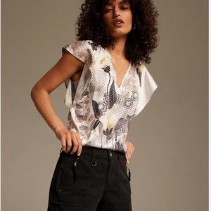nwt white house black market satin flutter sleeve blouse top L large
